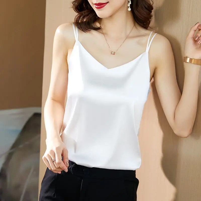 Áo Yếm Satin Lụa Lạnh Mùa Hè, Dành Cho Nữ, Thích Hợp Để Đi Xe Cơ Bản, Thiết Kế Đẹp, Độc Đáo, Có Thể Mặc Ngoài Trời, Áo Khoác Giấu Bụng 1