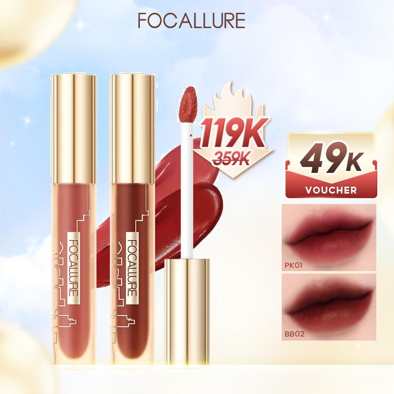 【 Voucher 49K  FOCALLURE SON   BỘ SON MÔI 2 THỎI NHUNG LÌ HỖ TRỢ DƯỠNG ẨM LÂU TRÔI MỀM MỊN NHƯ NHUNG
