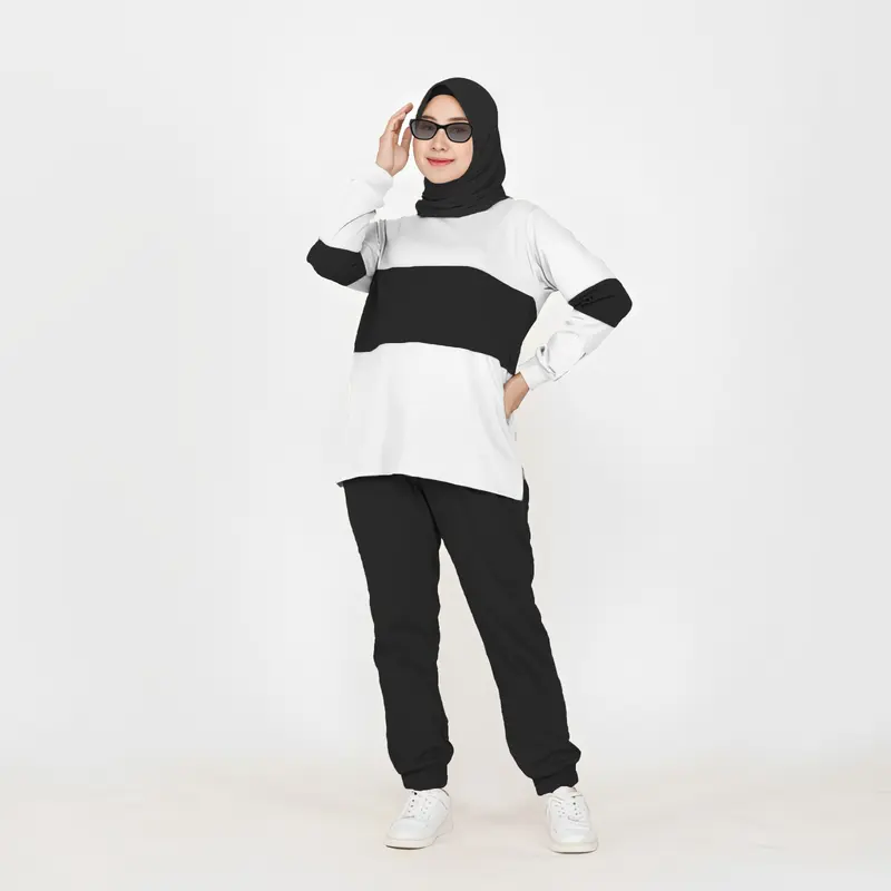 LPM 35756 Setelan Kaos Celana Olahraga Wanita Muslimah Kombinasi Warna SET COMBI Lengan Panjang Bahan Babyterry Size XL-XXXL Baju Kaos Celana Adem 3