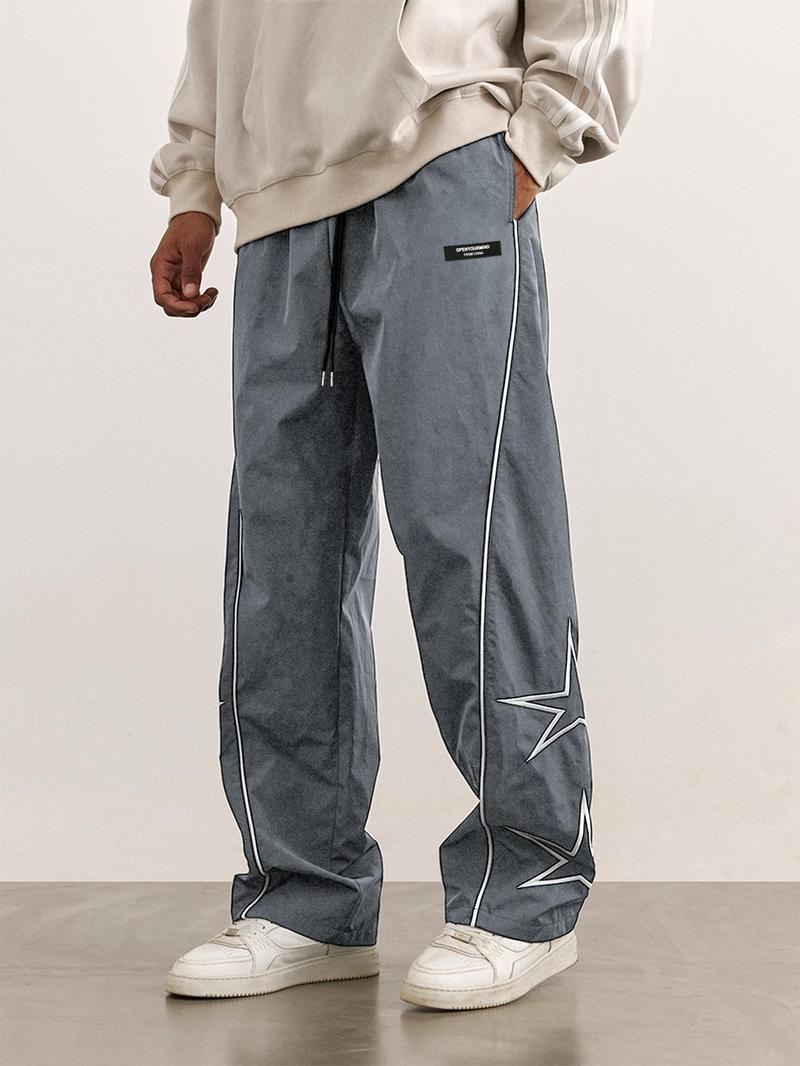 Product Introduction of Men's Loose Star Print Drawstring Waist Wide Leg Pants, Casual Pocket Trousers for Daily Wear, Woven Bottoms for All Seasons, Striped Trousers 18