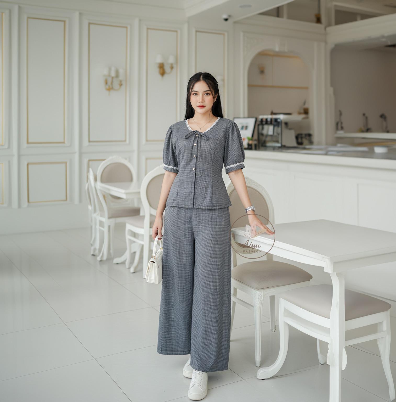 AC | [PRE-ODER] One Set Yudas Setelan Knit Waffle Atasan Lengan Pendek Dan Celana Panjang Wanita Polos Casual Simple