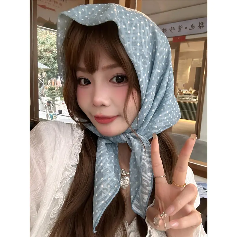 Khăn Trùm Đầu Chấm Bi, Phong Cách Pháp, Chất Liệu Voan Và Lụa, Dành Cho Nữ, Thiết Kế Dễ Thương Và Ngọt Ngào, Cao Cấp Và Hoài Cổ, Đa Năng, Khăn Quàng Cổ Vuông Nhỏ Women Móc Khoá 3