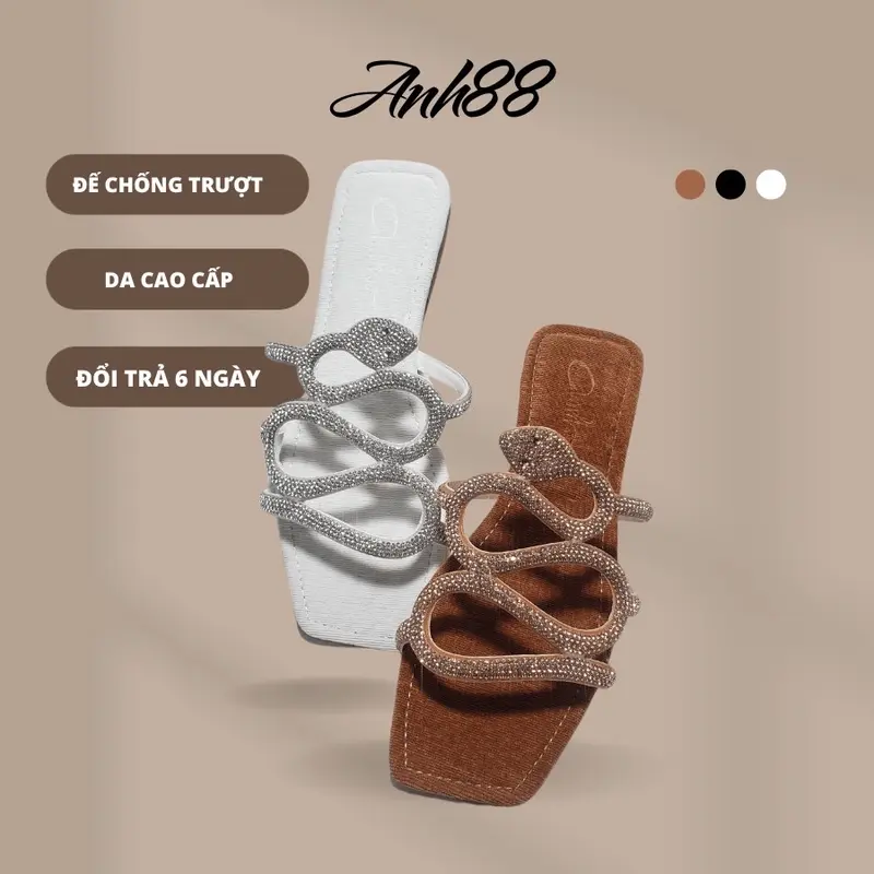 Dép Lê Nữ Mũi Vuông, Quai Đá Rắn, Dế Chống Trơn Trượt DéP GiàY anh88Shoes Hoa Quai Hậu 0
