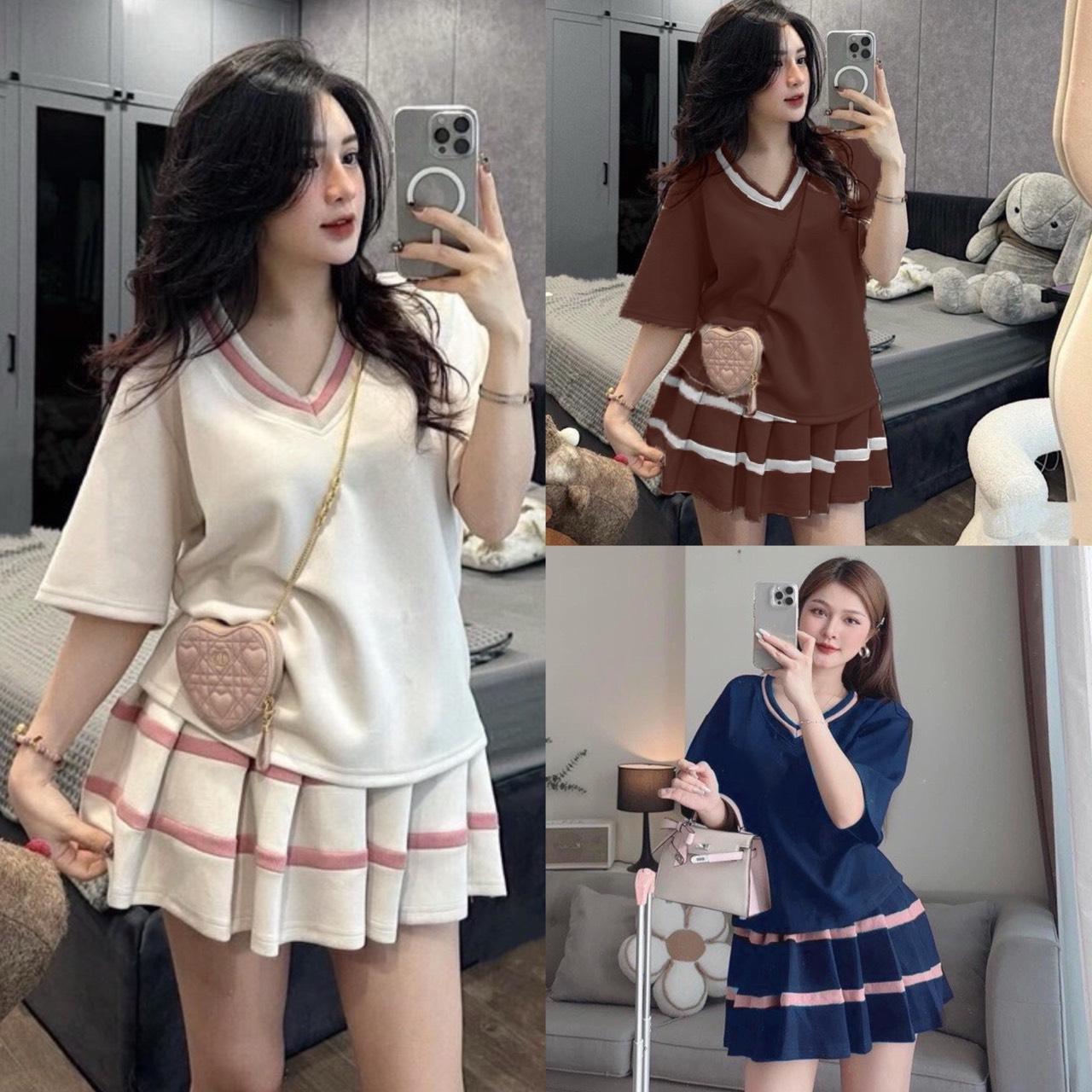 Set Váy Viền Sọc Cổ Tim Nữ 45 - 95kg Béo Xinh Shop Dễ Thương Cho các nàng Có Bigsize Thun Women - A.1324