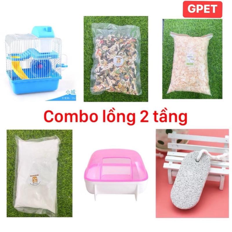 Combo 6 món nuôi Hamster: lồng 2 tầng size vừa, thức ăn , cát tắm, mùn lót, đá mài răng, nhà tắm chuột hamster