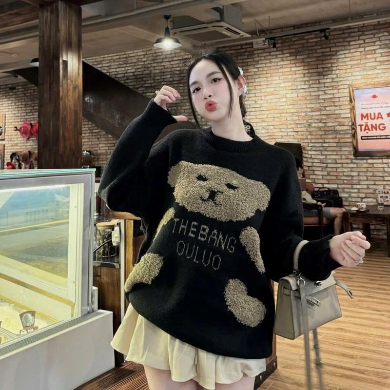 ÁO LEN GẤU THÊU NỔI, ÁO LEN NAM NỮ, ÁO LEN ĐÔI, ÁO LEN DỄ THƯƠNG CÁ TÍNH Kem Voi Women sweater xinh Sò Dài Tay Top