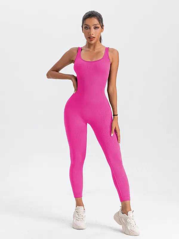 Women's Solid Backless Ribbed Sports Jumpsuit, Scoop Neck Seamless Jumpsuit, Ladies Sportswear Clothing, Sports Onesies, Summer Outfits 2024, Please Purchase A Size Up 4