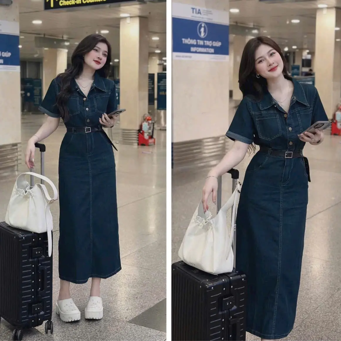 đầm váy jean nữ dáng dài tay ngắn cổ bẻ ( kèm dây nịt ) xinh xắn phù hợp khi đi chơi
