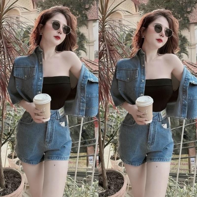  Set đồ Jean nữ 3 món áo tay lửng phối nút cài thật kèm lót thun gân mix quần đùi sang chảnh dành cho các nàng đi chơi. Women Top 