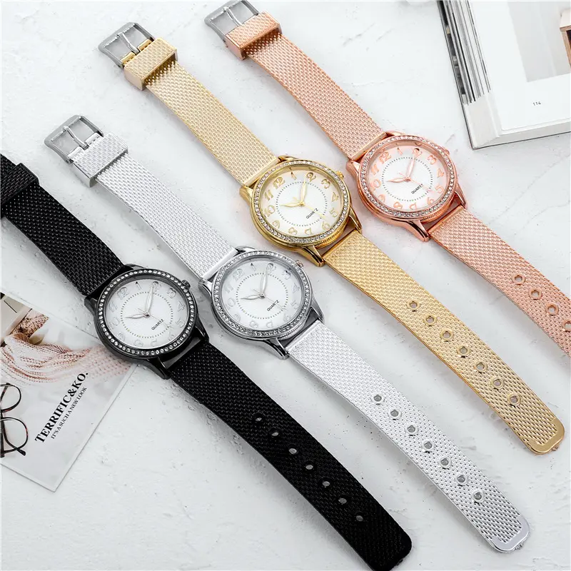 Business Elegant Dress Mesh Belt Rhinestones Quartz Watches Luxury Bracelet Quartz Watches for Women Clock Relogio Feminino