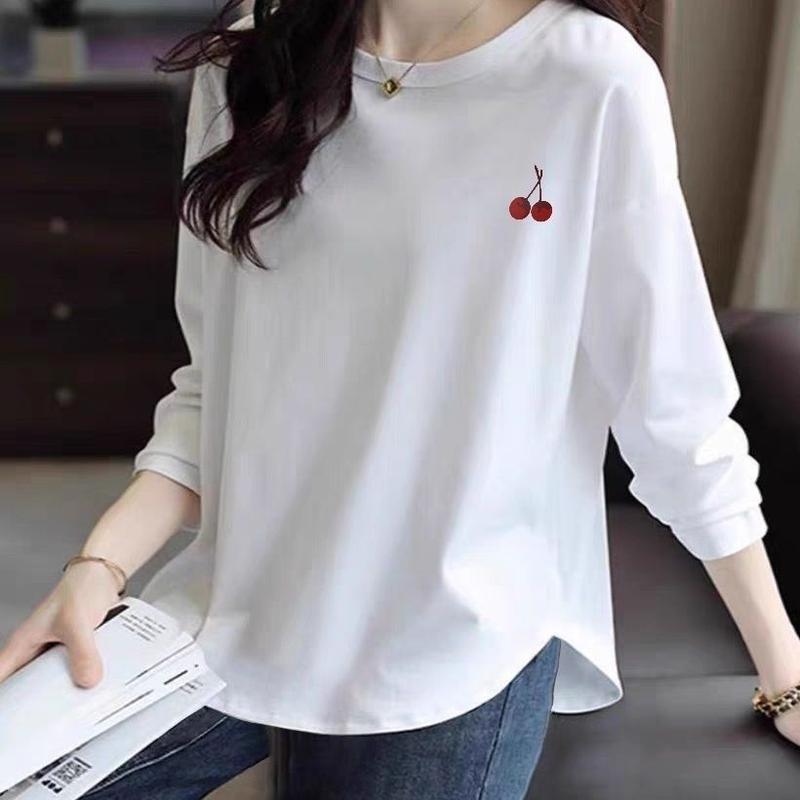 Áo Trắng, Cổ Tròn, Dài Tay, Mặc Trong, Dáng Rộng Vừa Vặn, Thiết Kế Mới 2024, Phong Cách Hàn Quốc, Thích Hợp Cho Mùa Xuân Và Mùa Thu, Dễ Phối Đồ Của Số Lượng Ít 2