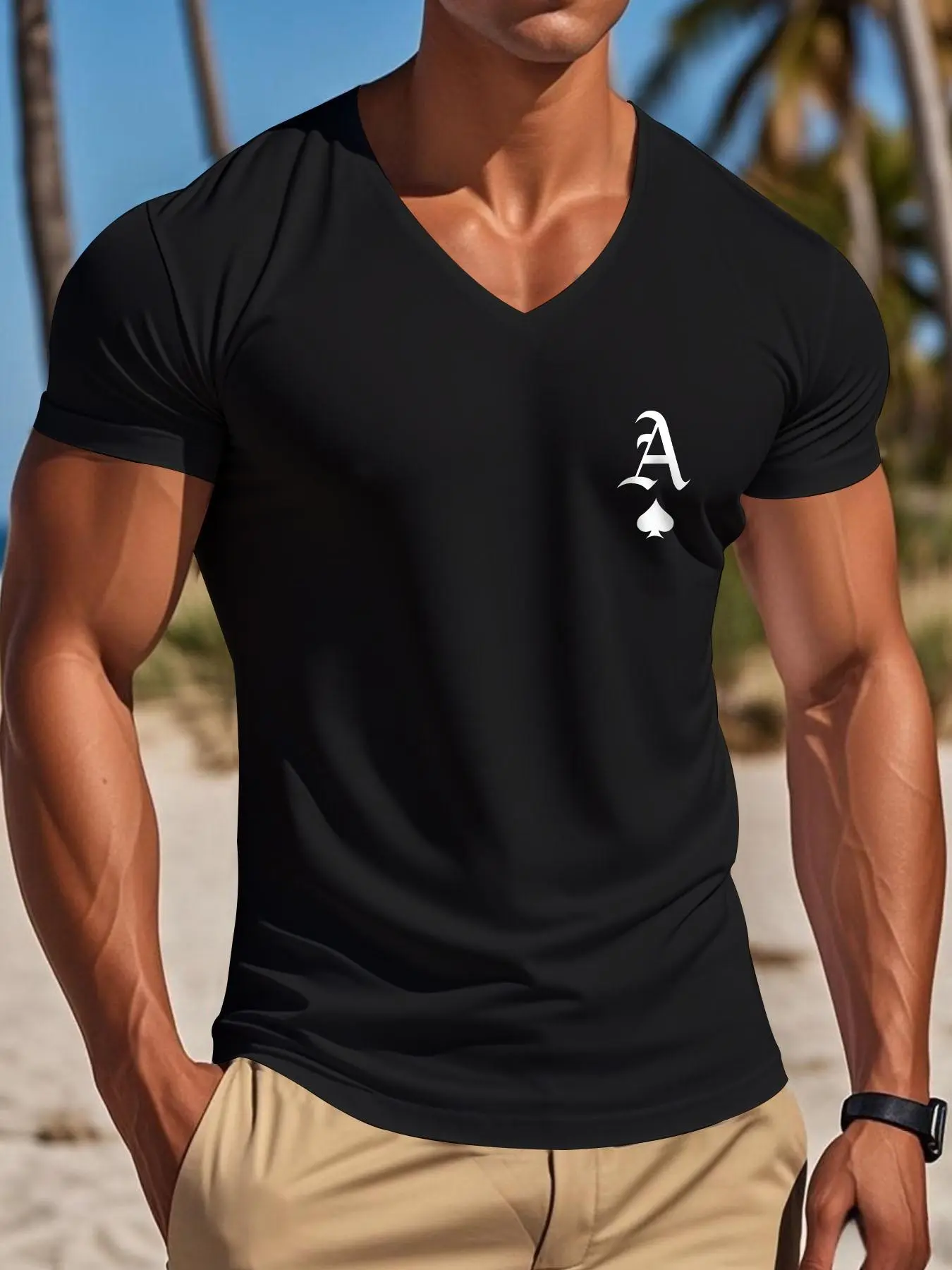Men's Letter Print V Neck Tee, Regular Fit Casual Short Sleeve T-shirt for Summer, Men's Top for Daily Wear