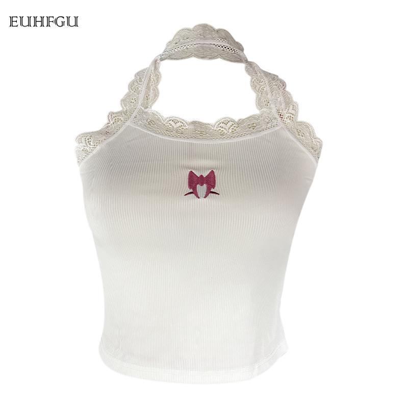 Product Introduction of Women's fashion sweet and cute vest lace edge bow embroidery halter neck vest summerbackless sleeveless crop top streetwear simple versatile fabric soft 28
