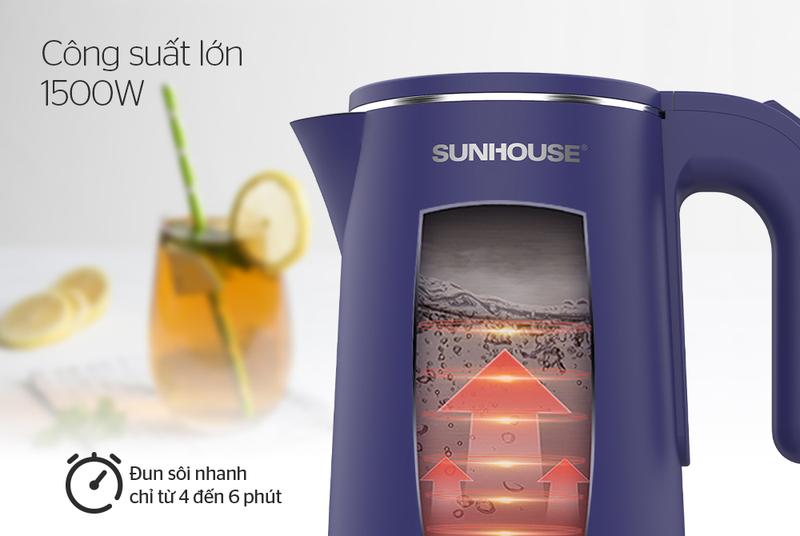 Product Introduction of [MẪU MỚI 2023] Ấm siêu tốc, bình đun siêu tốc inox 2 lớp 1.8L SUNHOUSE SHD1355, 2 lớp cách nhiệt chống bỏng 18