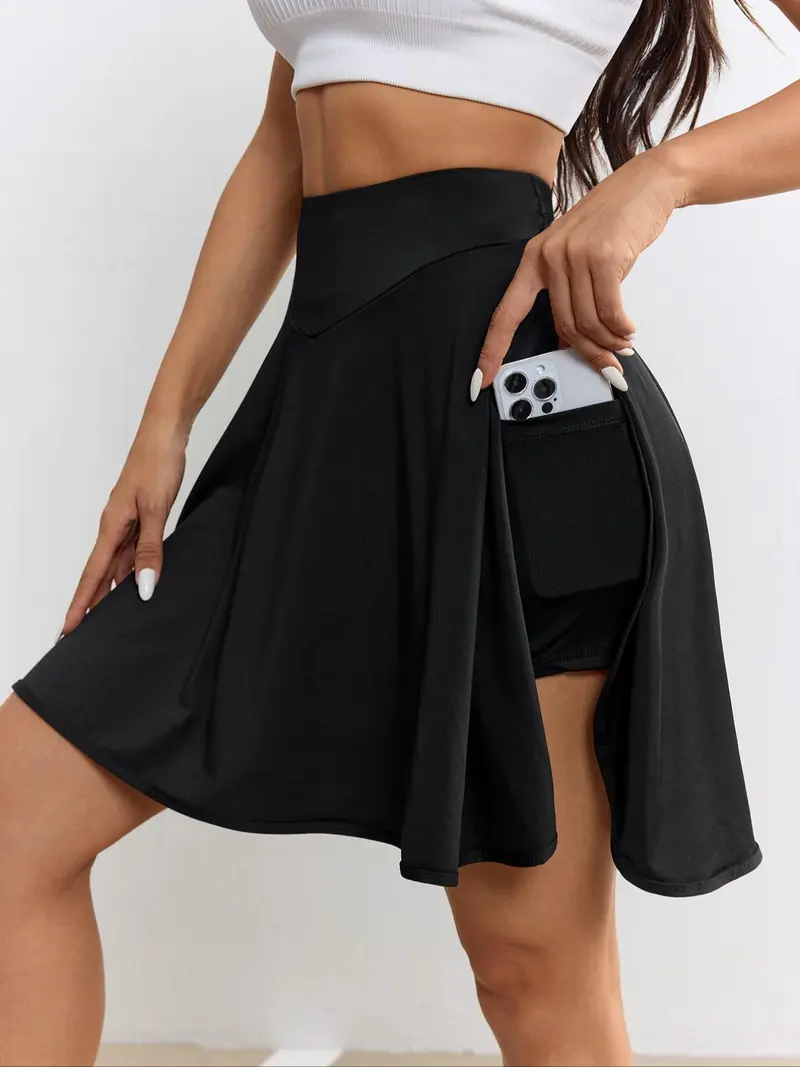 Women's Solid Color Pleated Tennis Skort, Casual Built-in Shorts