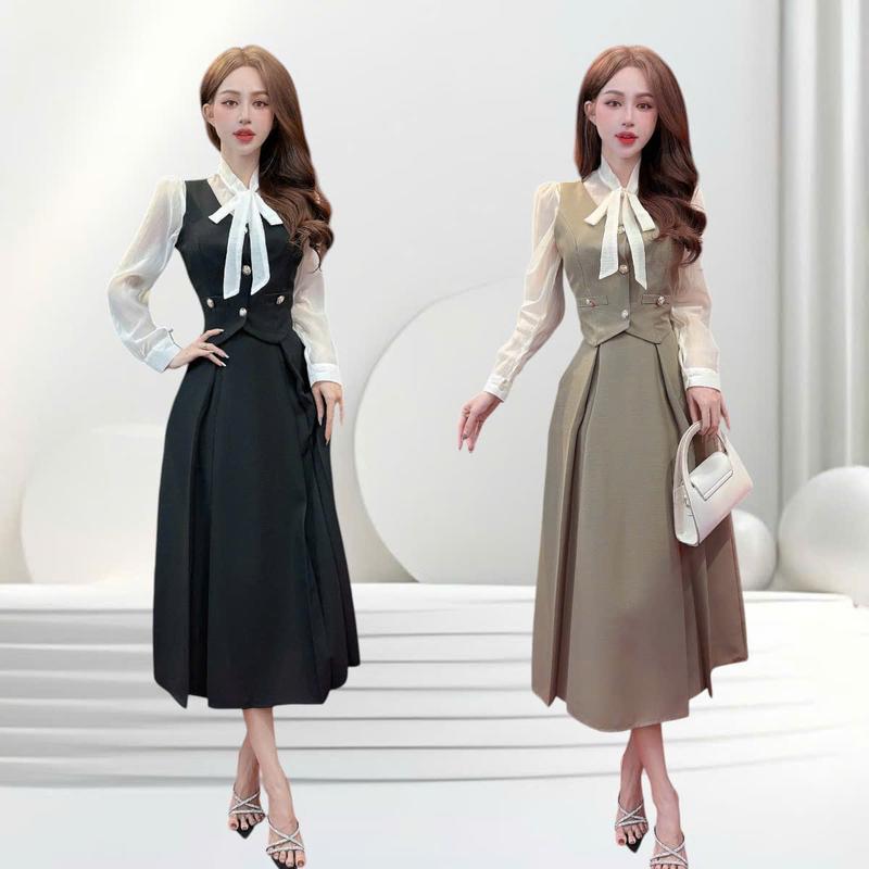 S5726 Set áo váy thiết kế CRAZYTEEN dành cho nữ gồm áo vest gile và chân váy xếp ly để đi chơi Áo vest gile Chân váy xếp ly Áo sơ mi tay dài