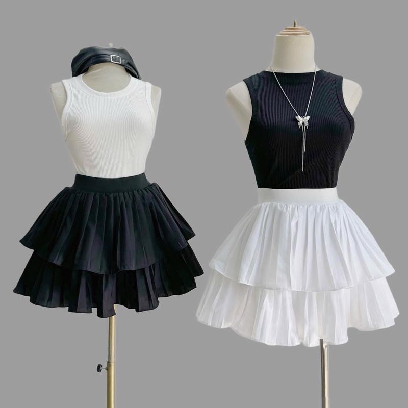 TỰ CHỌN (áo - Chân váy ) xoè 2 tầng bigsize, dập ly mềm mại có lót quần đùi bên  trong , áo ba lo thun gân co giãn  cho nữ chubby (58-95kg)  Women