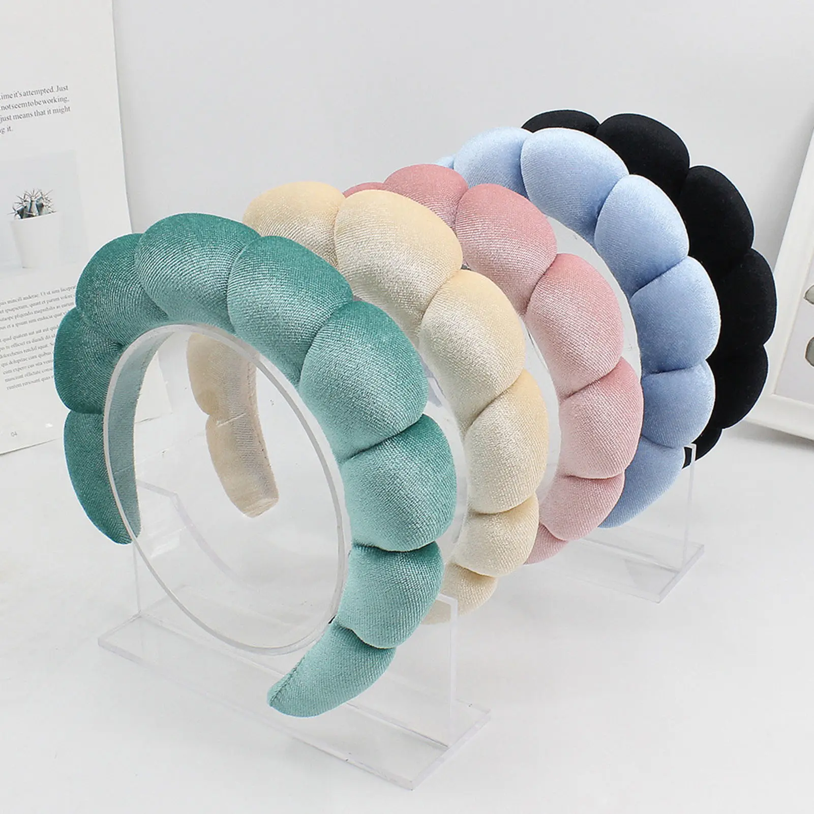 Women Headband Solid Color Elastic Puffy Sponge Lightweight Anti-slip Hair-fixed Regular Fit Bath Washing Face Hair Hoop Hair Accessories