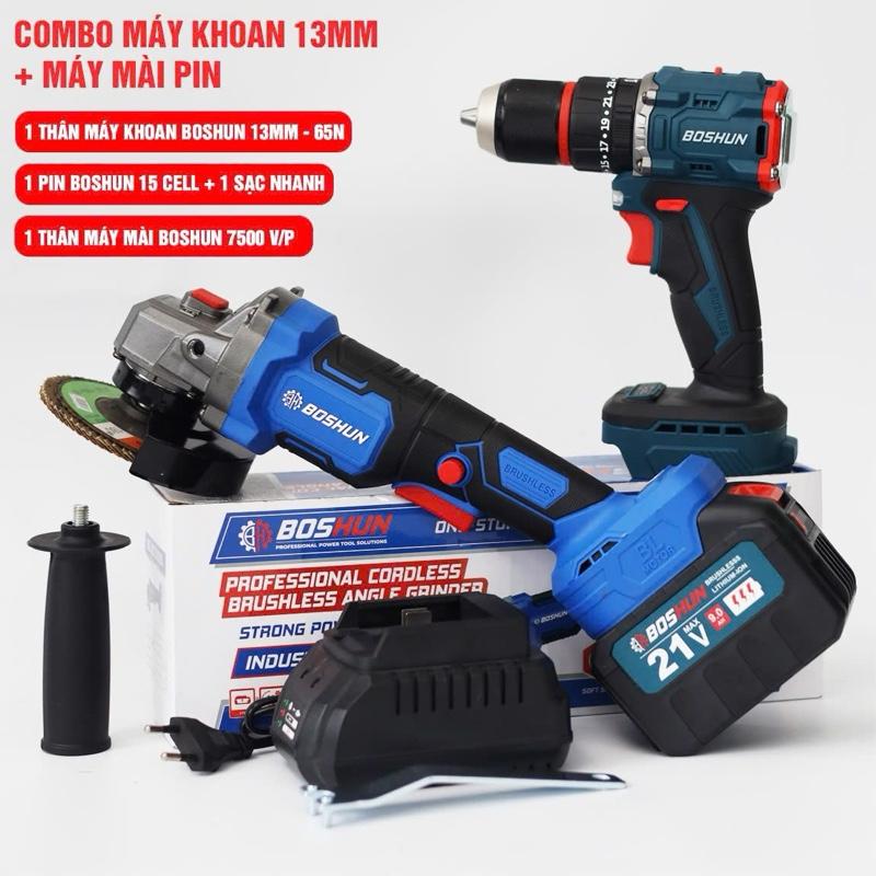  Combo Máy Khoan Pin Boshun - đầu kẹp 13mm 3 chức năng Và Máy Mài Pin Boshun - Chống Vỡ Đá - Chống Khởi Động Lại + Kèm 1pin 15Cell Sạc 