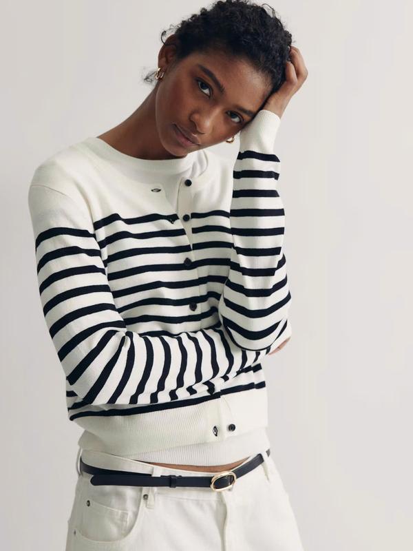 Áo cardigan sọc kẻ cổ tròn chất liệu len mỏng, mềm mịn hm japan Women Nữ