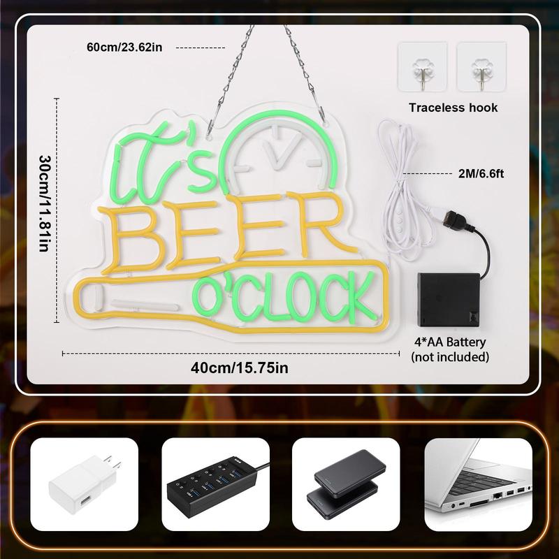 Product Introduction of It's Beer On The Wall Design Neon Sign, LED Neon Light with 2 Clear Hook, Decorative Neon Sign for Home Party (Battery Required, without Battery) 12