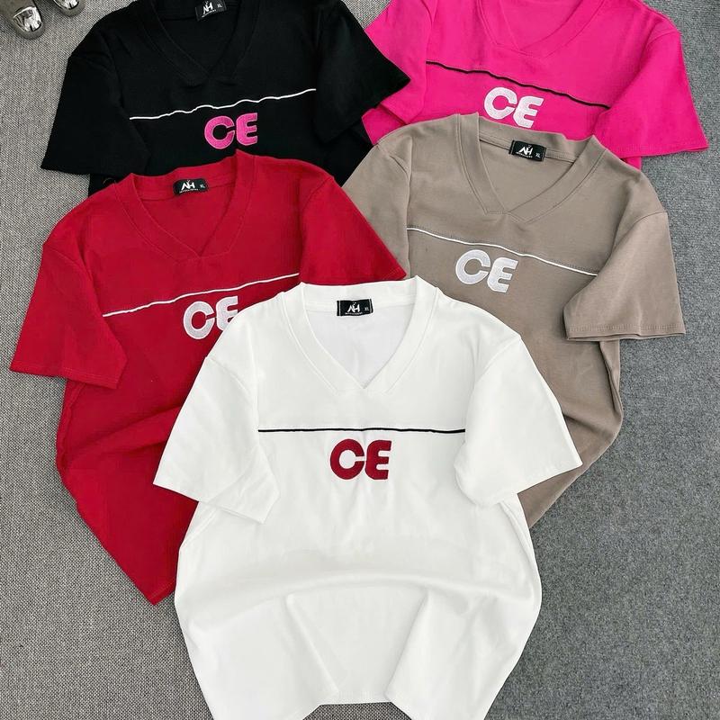 [ Thêu CE] Áo Thun Nữ From Ôm Chữ Thêu CE Xinh,Cổ Tim ,Tay Ngắn,Vải Co Giản 4 Chiều