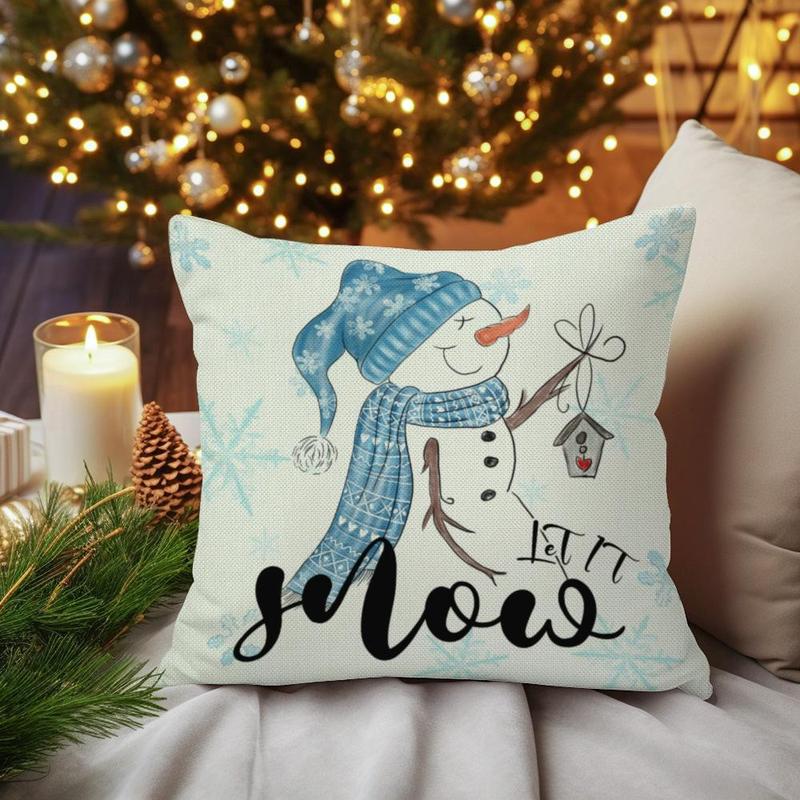 Product Introduction of Christmas Themed Cushion Cover, 4 Counts/set Snowflake & Santa Claus Pattern Cushion Cover without Filler, Household Decoration Supplies for Living Room Bedroom Sofa Bed 4