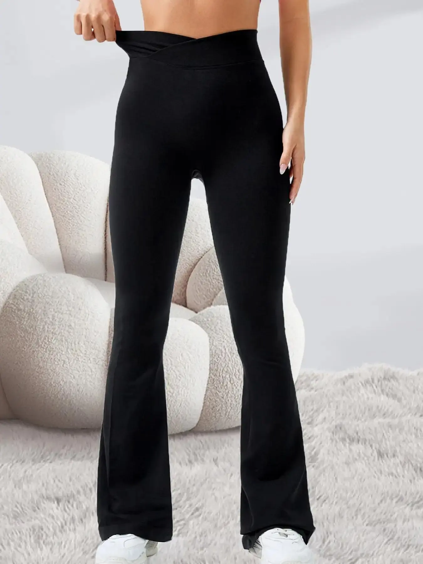 Women's Plain Wrap High Waist Flare Leg Pants, Casual Comfy High Stretch Bell Bottom Trousers for Daily Wear, Ladies Bottoms for Fall & Winter