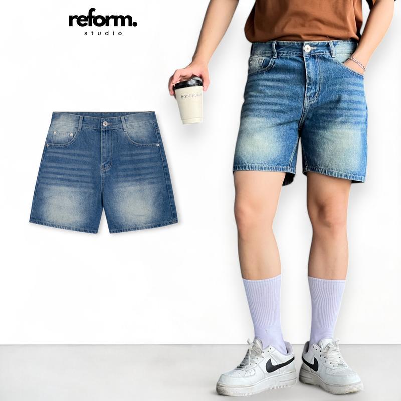 Quần Jean Short Nam, Quần Đùi Ngắn Trên Gối Xanh Wash Vàng Reform RF-F13 Menswear Pants Có Túi
