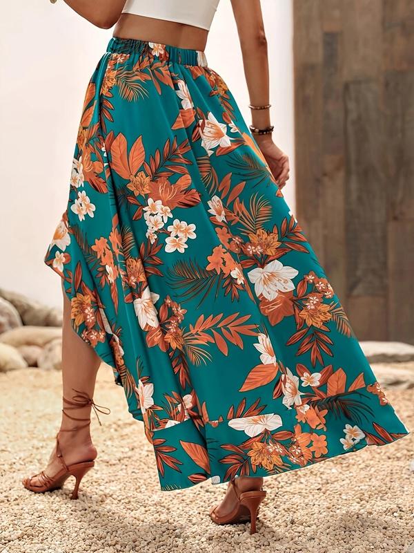 Women's Floral Print High Low Hem Skirt, Boho Ruffle Trim Elastic Waist Short Skirt for Beach Holiday Vacation, Ladies Summer Clothes 1