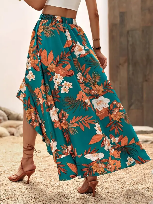 Women's Floral Print High Low Hem Skirt, Boho Ruffle Trim Elastic Waist Short Skirt for Beach Holiday Vacation, Ladies Summer Clothes 1