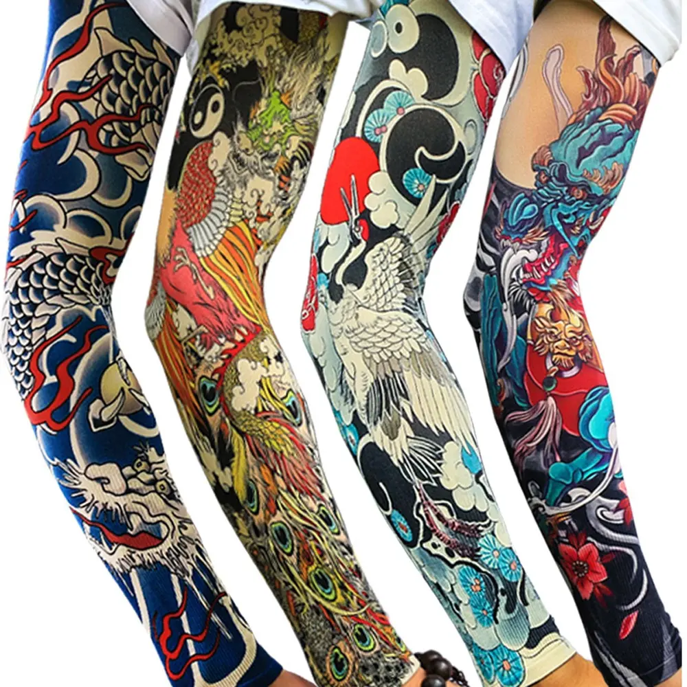 Cycling Gloves Flower Arm Pattern Flower Arm Tattoo Sleeve Elastic Breathable Sun Protection Cover Thin Sunscreen Ice Silk Arm Sleeve Driving