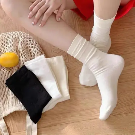 Tất Cổ Cao Nữ，Vớ cotton Cổ Cao Nữ Hàn Quốc Gân Trơn Nhiều Màu Kem Trắng Đen TATNU09 1