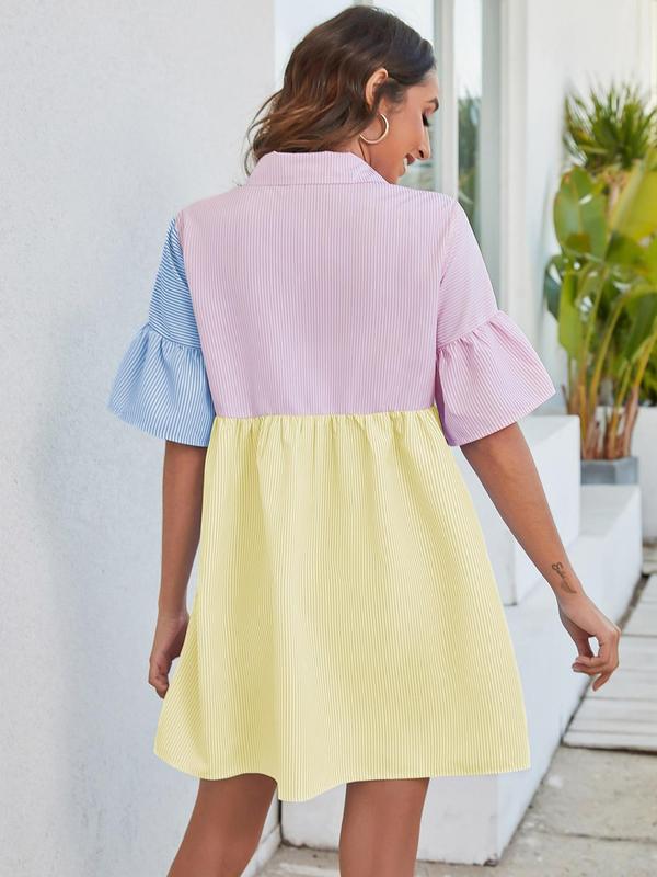Women's Colorblock Striped Print Button Front Shirt Dress, Summer Clothes, Casual Flounce Sleeve Collared Short Dress for Summer, Ladies Clothes for Daily Wear 1