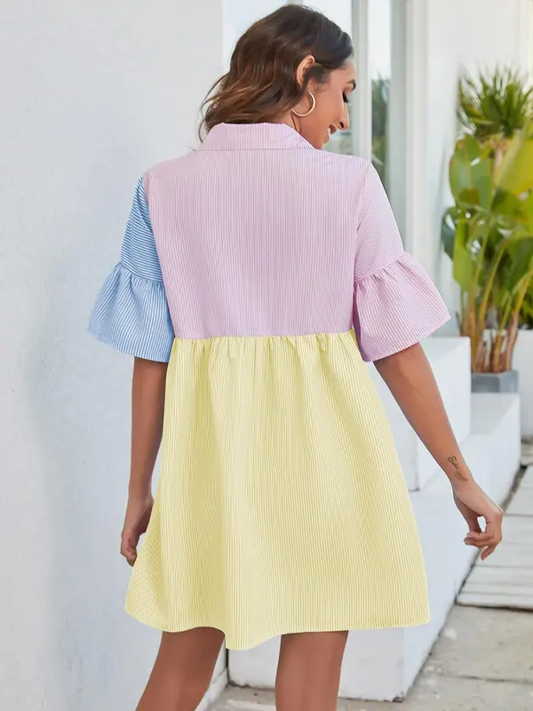 Women's Colorblock Striped Print Button Front Shirt Dress, Summer Clothes, Casual Flounce Sleeve Collared Short Dress for Summer, Ladies Clothes for Daily Wear 1