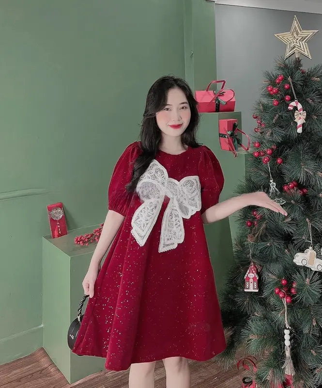 Váy đầm dáng xòe babydoll chất nhung kim tuyến phối bản nơ to cực xinh xắn váy  tiệc 1