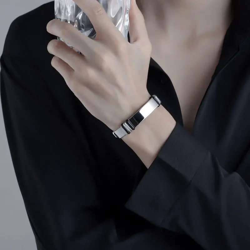 [1484 People Collection] Men's Bracelet High-end Trendy Niche Design Titanium Steel Woven Silver Strap Wristband Men's Jewelry Versatile Accessory