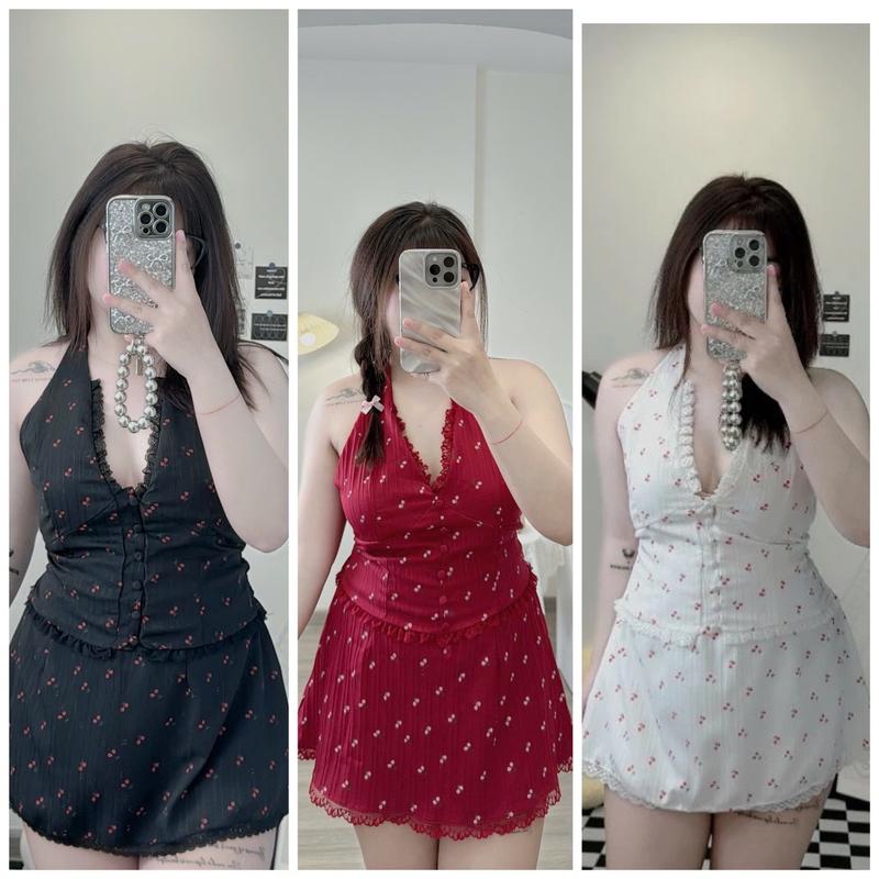bigsize 60-90kg set bộ cổ yếm áo + váy cherry Nữ Women