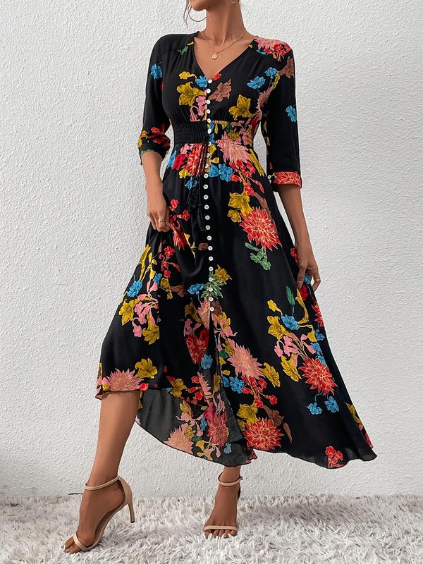 Women's Boho Floral Tied Button Front Split Long Maxi Dress, Casual Womenswear, Spring Summer Beach Vacation Half Sleeve V Neck A-line Dresses, Homecoming Dresses, Holiday Dresses, Ditsy Floral Dress 2
