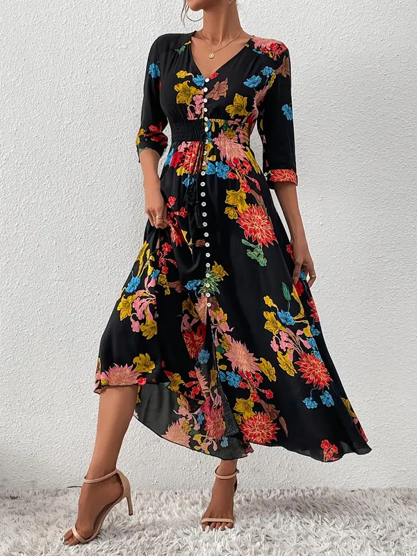 Women's Boho Floral Tied Button Front Split Long Maxi Dress, Casual Womenswear, Spring Summer Beach Vacation Half Sleeve V Neck A-line Dresses, Homecoming Dresses, Holiday Dresses, Ditsy Floral Dress 2