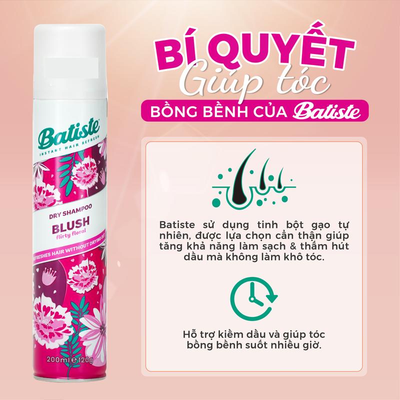 Dầu Gội Khô Batiste Dry Shampoo Giảm Bết Dính, Mồ Hôi Tóc Sạch Thơm Bồng Bềnh 200ml, 50ml 5