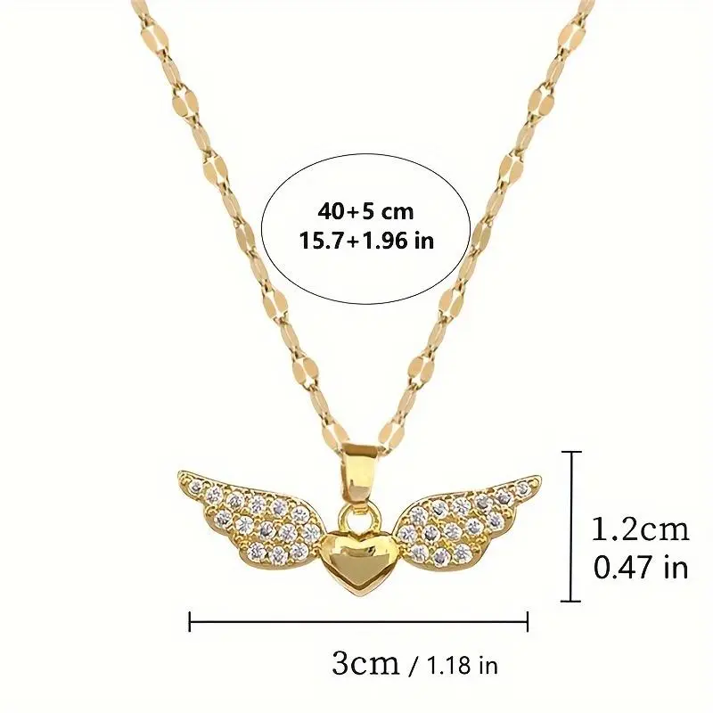 [1pc Heart Shaped Angel Wing Pendant Necklace] Fashion Necklace with Synthetic Cubic Zirconia, Copper, Stainless Steel Chain, for Women, Suitable Over 15 Years Old, Birthday Party Gift mother's day gift 2