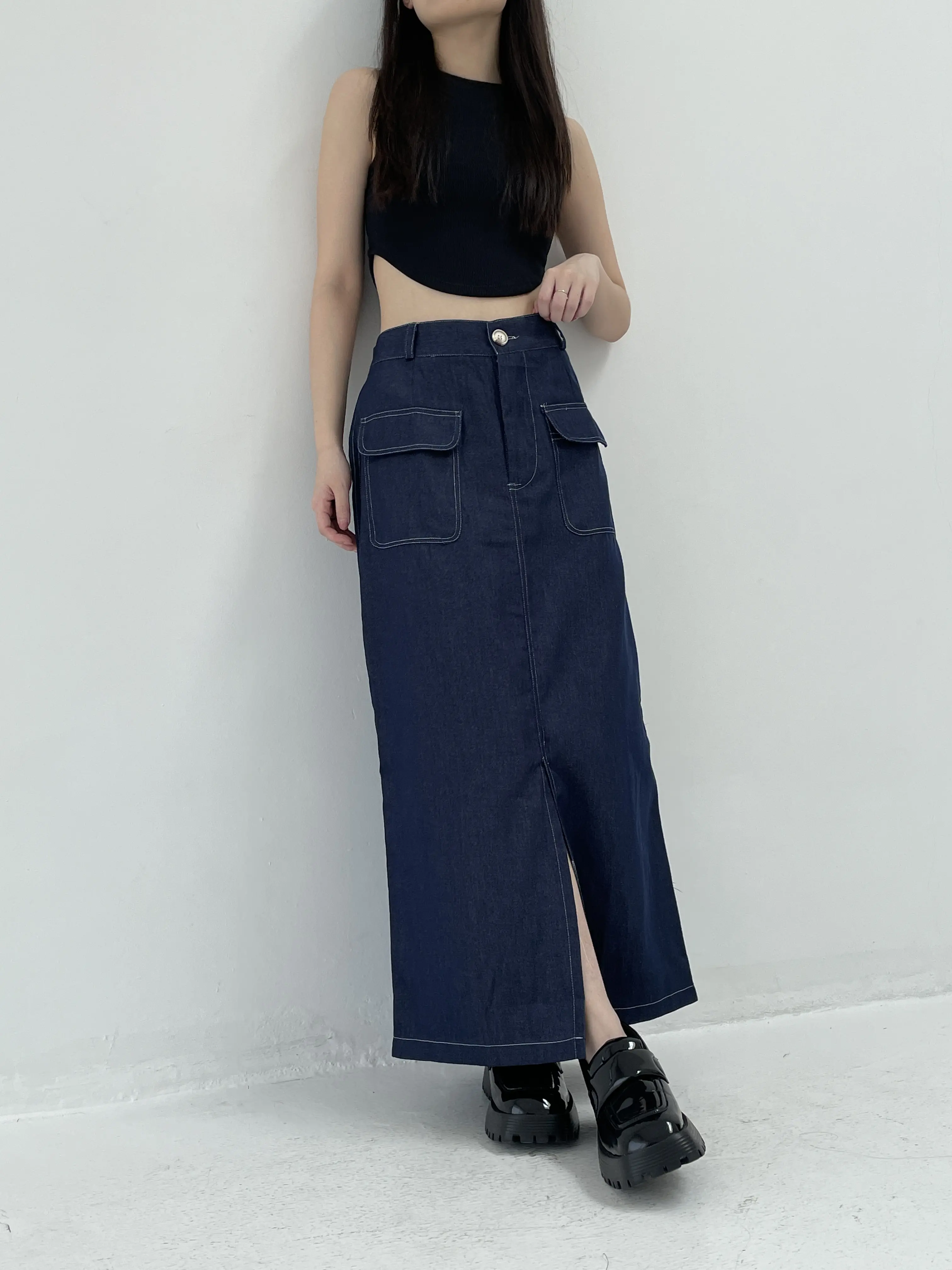Denim Pocket Skirt - Rok Denim Wanita Panjang Casual Navy Hitam kancing Midi