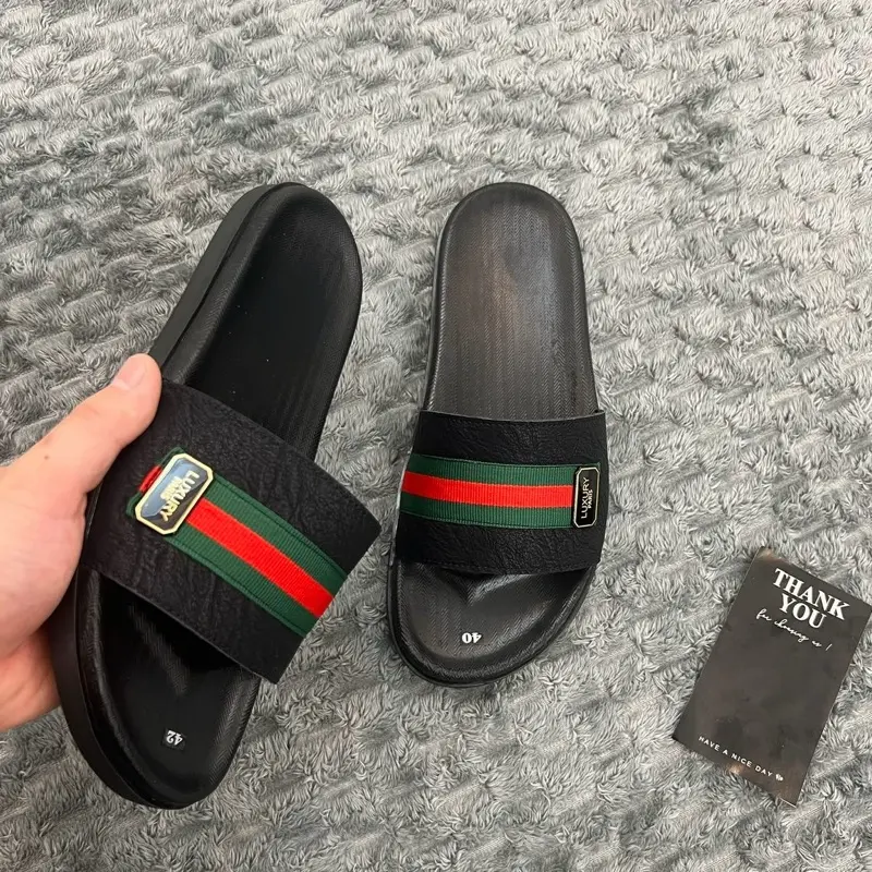 Dép quai ngang 1 bản da sít nhăn logo Luxyry Shoes dép Lê nam cao su 2 lớp - phong cách tối giản - dép nam đế bằng đúc cao su non