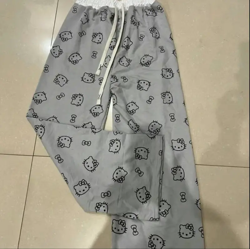 Quần ống suông họa tiết mèo hello kitty mặc nhà quần  dài  nữ quần  suông  nấm  lùn 6
