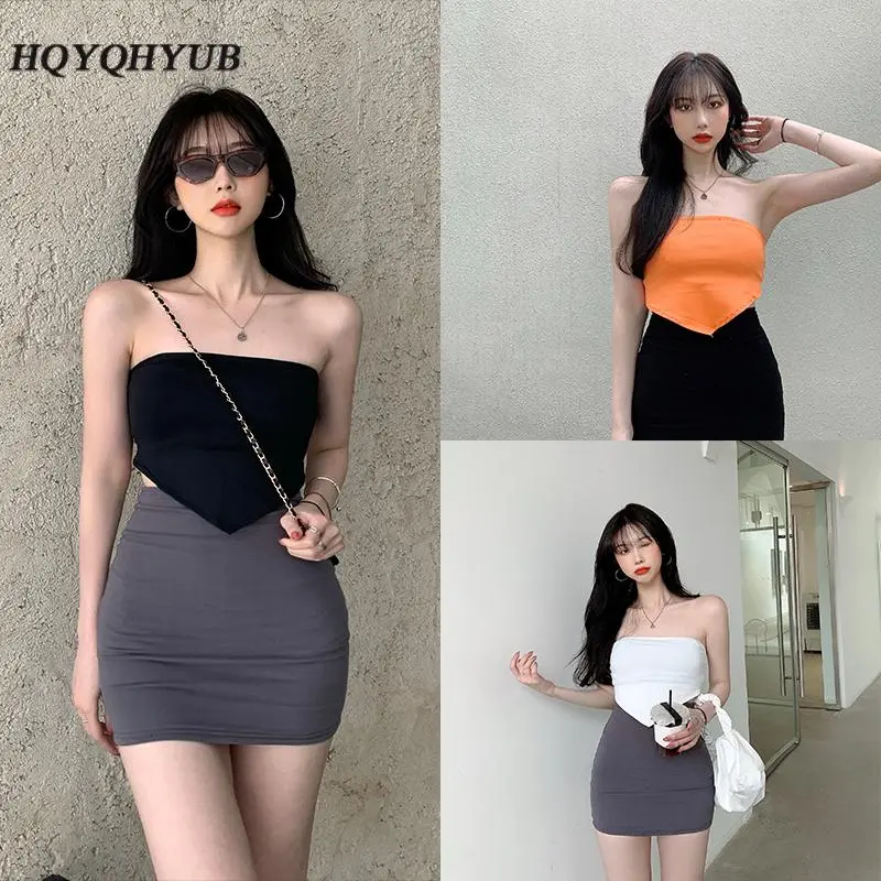 Women's Bandeau Crop Tops, Sexy Sleeveless Strapless Solid Color Hanky Hem Tube Tops
