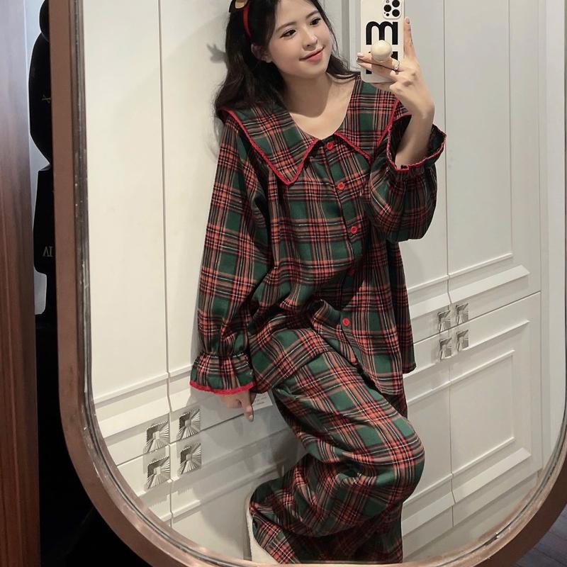 Mặc Nhà Pijama Nữ Cổ Bèo Phối Sọc Kẻ Xanh Noel Chất Thô Dạ Mềm Mại Women 0