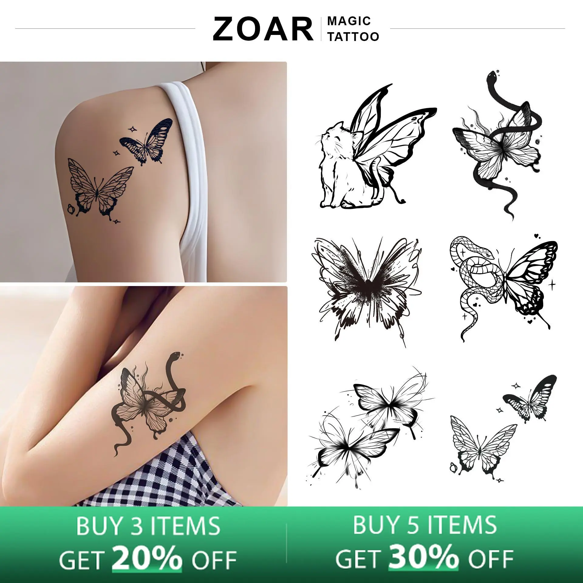 ZOAR-Y02 Stiker Tato Temporary Semi Permanen【Kombinasi kupu-kupu】Tahan lama Tattoo menempel dekorasi seni untuk pria dan wanita