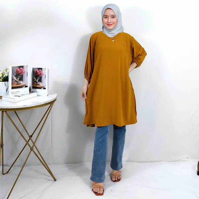 Atasan tunik crinkle polos tangan rempel karet 3/4 kancing belakang 3