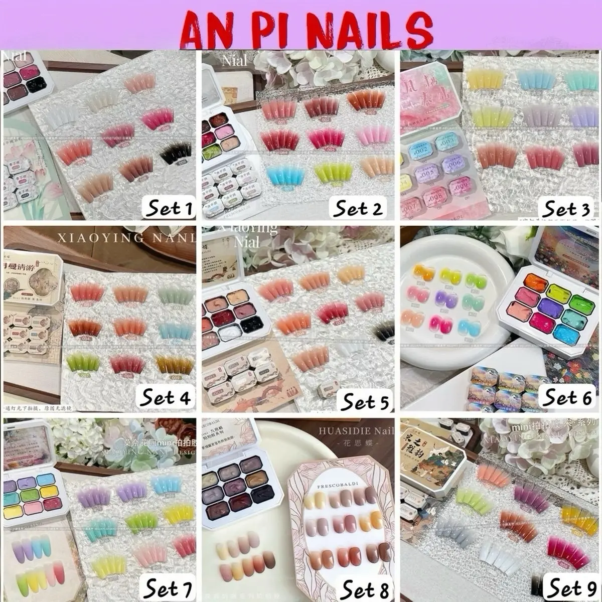 (KM Mua 1 tặng 1 gói bông mút to 10 miếng) Set sơn dặm ombre chuyên dụng Frescobaldi mini 9 màu, An Pi Nails gel nén đặc